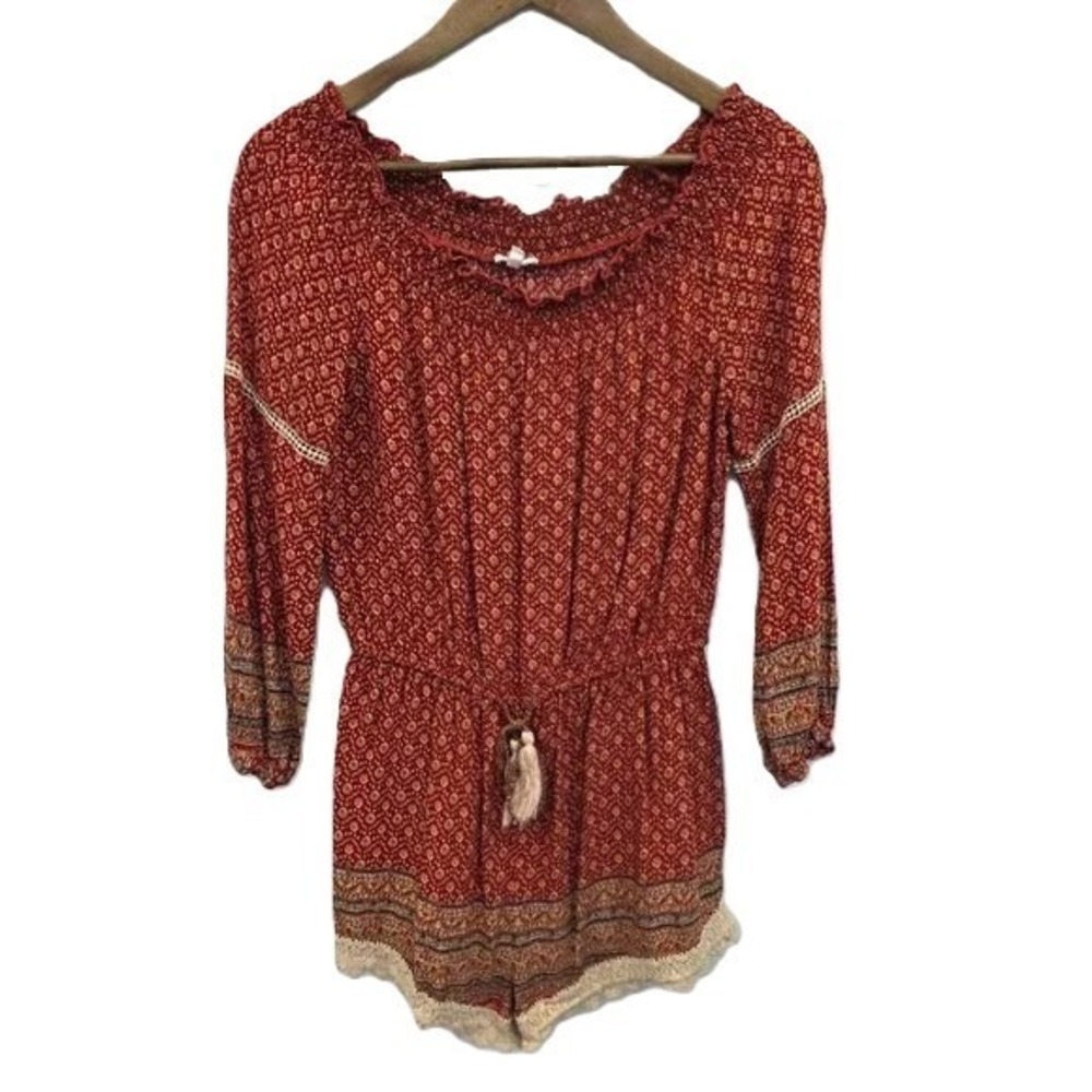 En Creme Womens M Rust Boho Romper Tassel Tie Waist 3/4 Sleeve Festival